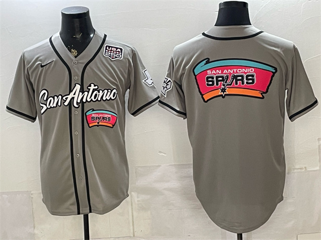 Men's San Antonio Spurs Team Big Logo Grey USA 250' Patch Stitched Baseball Jersey Men's San Antonio Spurs Team Big Logo Grey USA 250' Patch Stitched Baseball Jersey